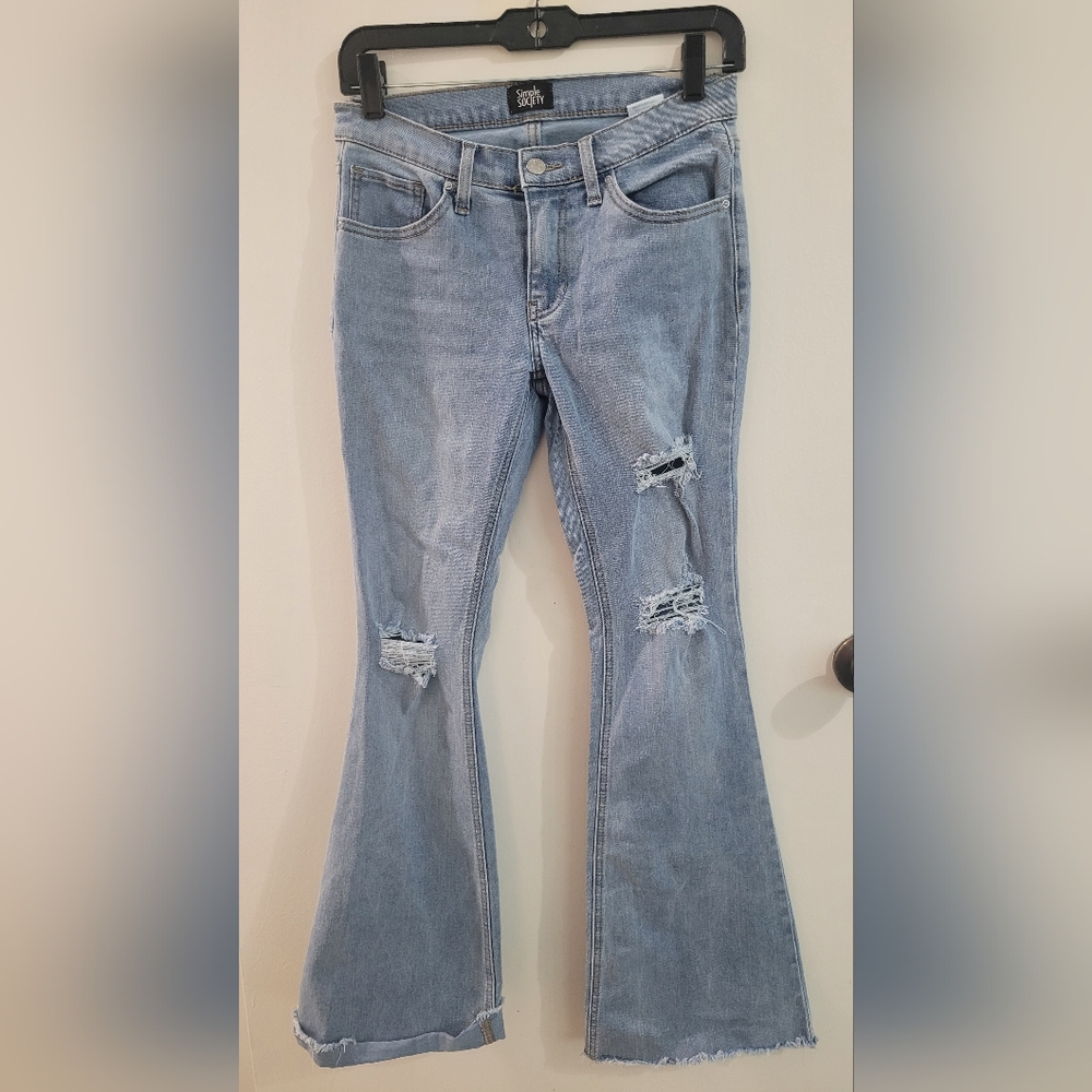 Blue Flare Wide Leg Jeans with Distressed Knees